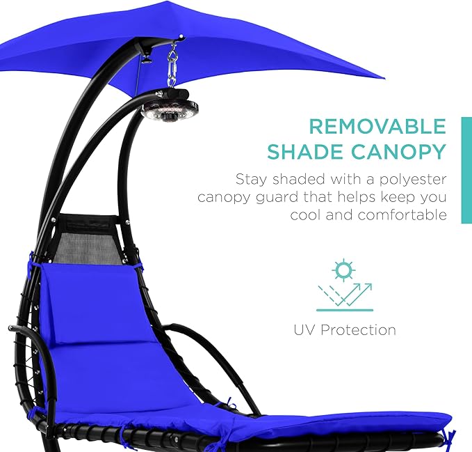 Best Choice Products Hanging LED-Lit Curved Chaise Lounge Chair Swing for Backyard, Patio, Lawn w/ 3 Light Settings, Weather-Resistant Pillow, Removable Canopy Shade, Steel Stand - Resort Blue