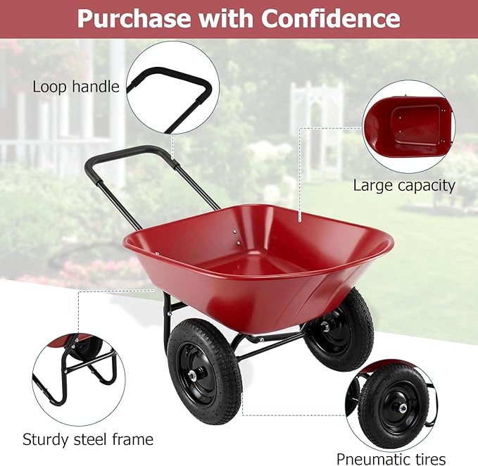 ERGOMASTER Dual-Wheel Wheelbarrow, Home Utility Garden Cart, Large Heavy Duty Yard Cart for Gardening (Red)