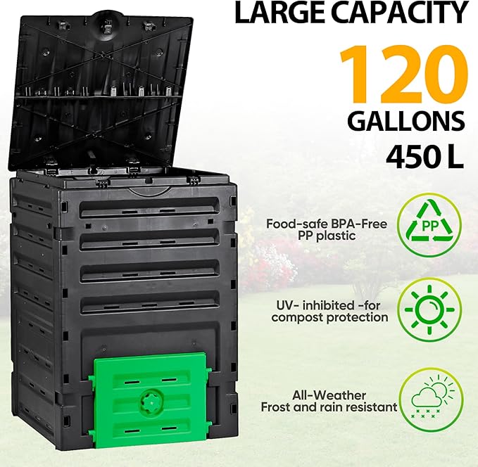 SUPER DEAL 120 Gallon Compost Bin, 450L Outdoor Garden Waste Composter with Flip-top Lid and Bottom Door, Large Capacity BPA Free Material for Fast Creation of Fertile Soil, Easy to Assemble, Black