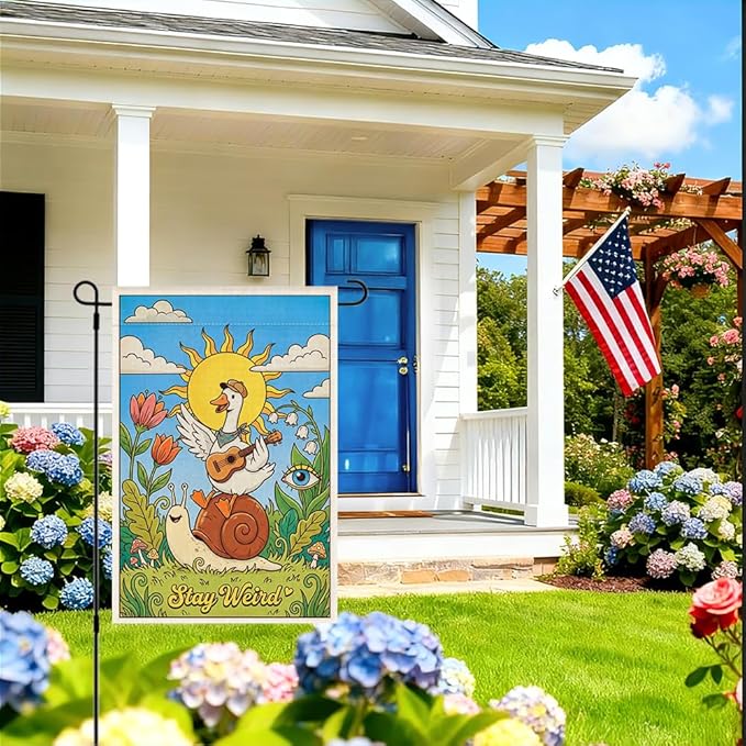 RZHV Stay Weird Double-Sided Garden Flag for Outdoor House Yard Sign Garden Decor Parade, Funny Snail Silly Goose Sun House Patio Outdoor Banner Decoration, Diversity Inclusion Yard Sign