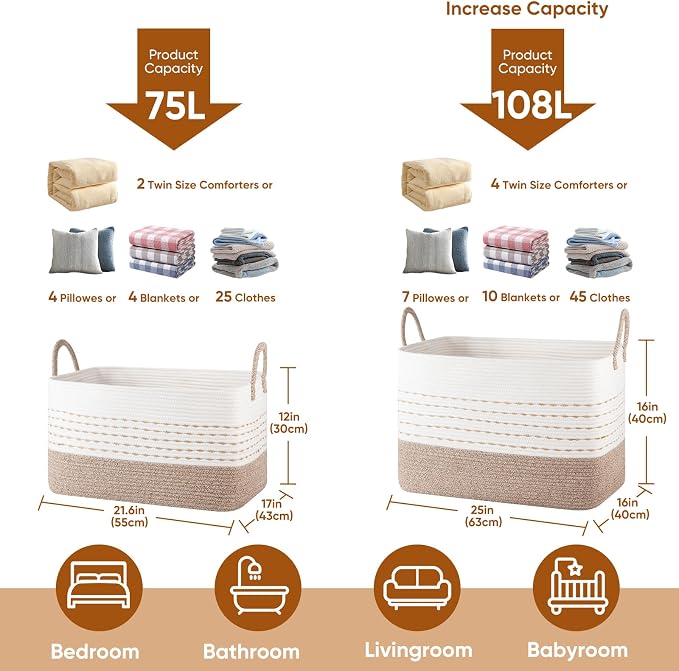 OIASKET XXL Large Blanket Basket for Living Room, 108L Woven Storage Baskets for Organizing, Rectangle Cotton Rope Basket Toy Chest With Handles--Brown & White