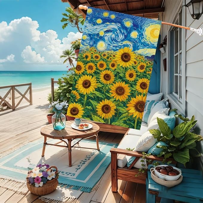 Baccessor Spring Summer Sunflowers Garden Flag 28x40 Inch Double Sided Burlap,Starry Night Flower Large Flag Seasonal Farmhouse Outside Outdoor Decoration