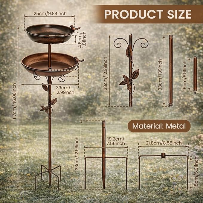 Bird Bath for Outside, 46In Vintage Freestanding Birdbaths with 2 Bird Decor, Double Metal Bird Bath Feeder Bowls Detachable for Garden Patio Yard Lawn Decor Upgraded 5-Pronged Base (Antique Bronze)