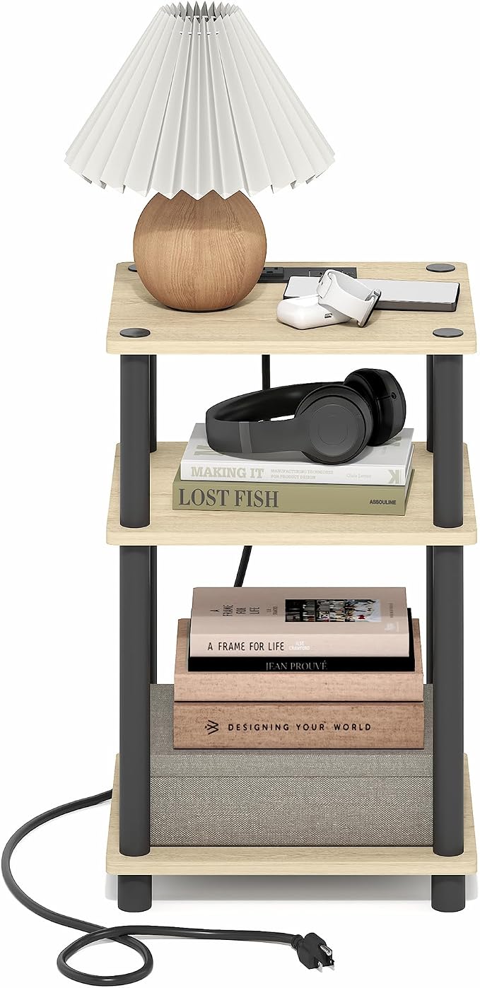 Furinno Just 3-Tier Night Stand with Charging Station, Natural Oak