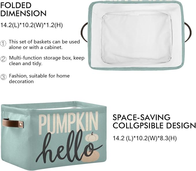 Hello Fall Pumpkin Turquoise Storage Basket with Waterproof Liner and PU Handles Autumn Aqua Blue Storage Bins Boxes 14.2" Collapsible Decorative Organizer Baskets for Bedroom Closet Office 1 Pack