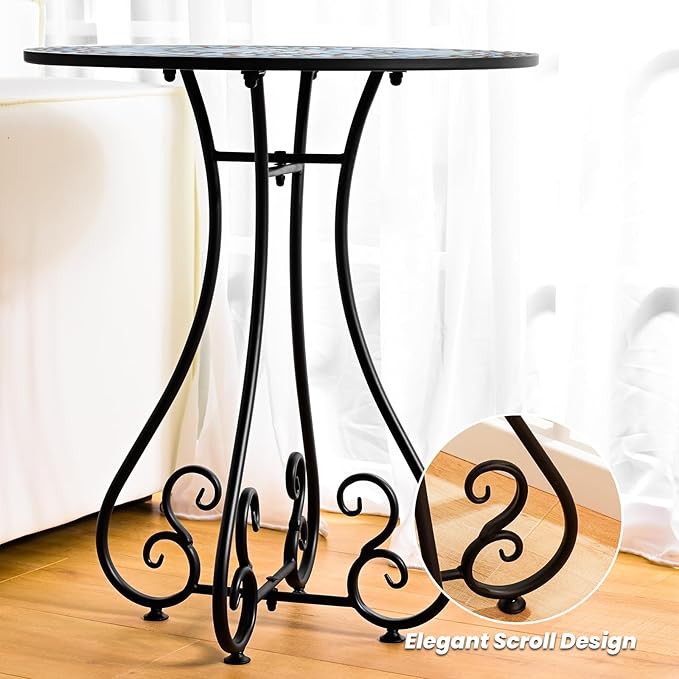 18" Round End Table, Unique Relief Ceramic Tile Tabletop with Metal Frame, Metal Scrollwork Accent Outdoor Side Table