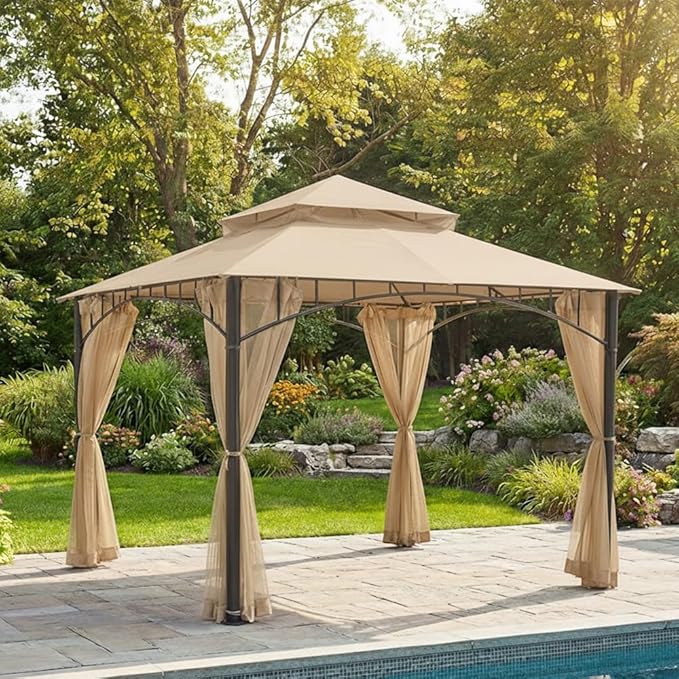 Garden Winds Reinforced RipLock 350 Replacement Canopy Top Cover Compatible with Madaga 10’ x 10’ Gazebo Models L-GZ136PST, L-GZ136PST-7, L-GZ136PST-2 - Beige