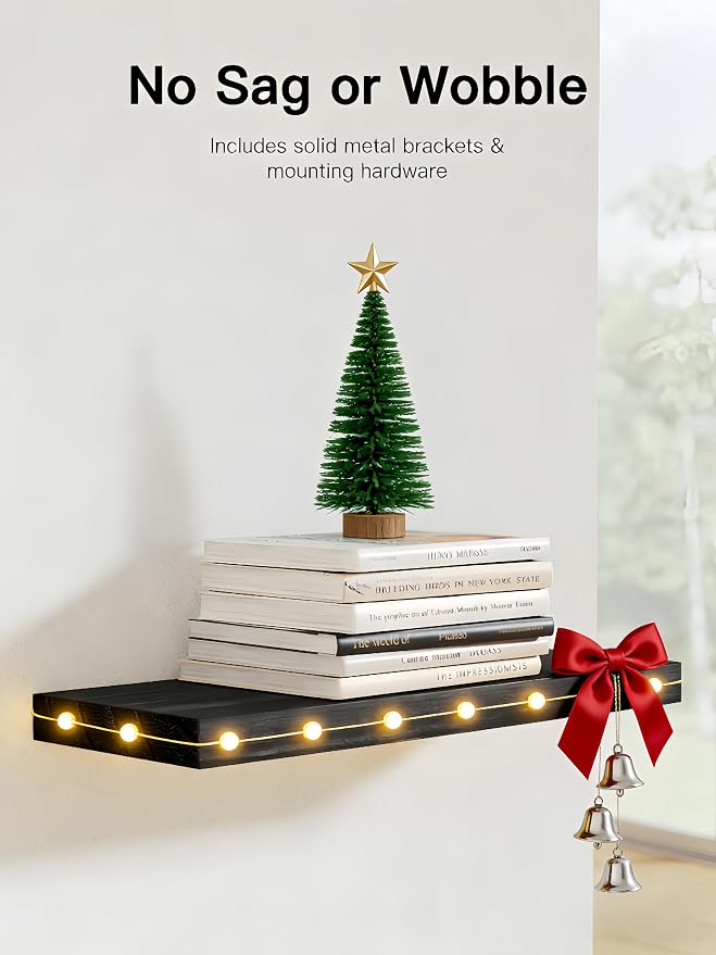Amada Paulownia Wood Floating Shelves for Wall, Set of 4, Black | Wall Shelves with Solid Metal Concealed Brackets, 22 lbs Capacity per Shelf, Includes Drilling Template, Flexible 4-Piece Set