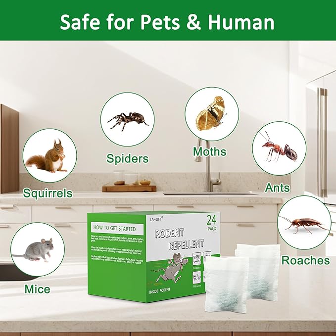 24 Pack Rodent Repellent Pouches - Peppermint Oil Mouse Repellent for Indoor and Outdoor Use - Natural Deterrent for Mice,Rats,Squirrels&Roaches-Pet&Family Safe, Long Lasting for Car,RV,Garage&Garden