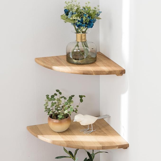 Corner Shelves, Floating Corner Shelf, Set of 2 7inch Solid Oak Wood Wall Shelves, Round End Wall Mount with Wire Hole Shelving for Small Plant for Bedroom Kitchen, Living Room