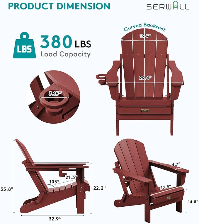 SERWALL Folding Adirondack Chair Outdoor Adirondack Chairs with Cup Holder Weather Resistant Fire Pit Chairs for Patio - Red