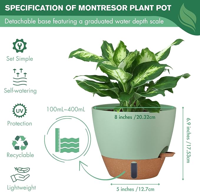 montresor 2 Pack 8 inch Plant Pots, PP Plastic Self Watering Plant Pot with Drainage and Tray for Indoor Outdoor Plants, Water Level Window & Reservoir Flower Pots Decorative Planter (Green)
