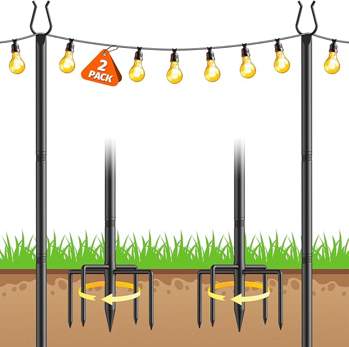 Aredy 2 Pack String Light Poles - 10FT Light Poles for Outside with Fork Base, Outdoor String Light Poles, Durable Poles for String Lights in Backyard, Deck, Garden, Wedding Events