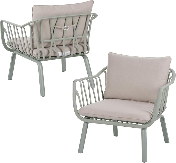 Christopher Knight Home Set of 2 Huron Indoor/Outdoor Polypropylene and Iron Frame Club Chairs,Patio Conversation Seating/Armchair for Garden, Backyard, Poolside,Removable Cushions, Light Green+Beige