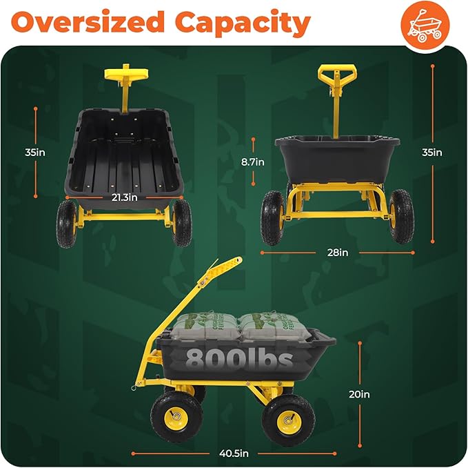 Sekey 1000lbs Garden Dump Cart for Seniors, Capacity Yard Wagon with Rubber Tires, Quick-Release Dumping & Easy-Maneuver Handle for Soil, Rocks, and Firewood, Black