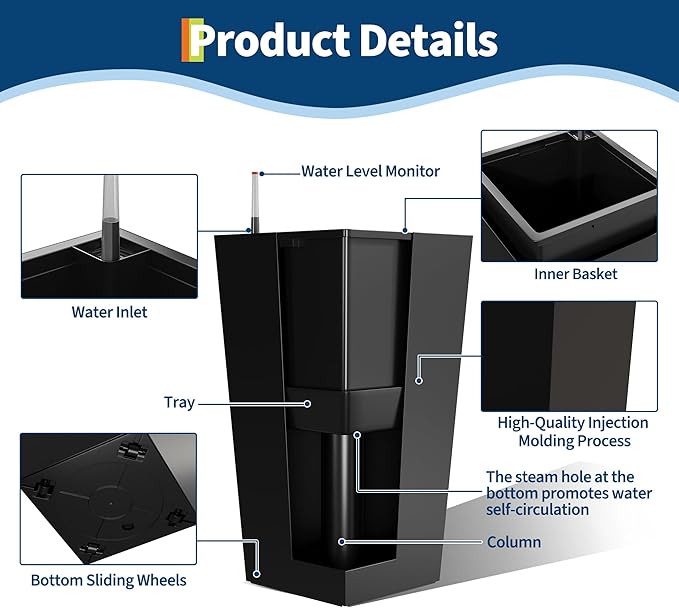 30 Inch Tall Self Watering Planters for Patio, Set of 2 Large Square PP Plastic Planters with Water Reservoir, Modern Floor Standing Self-Watering Pots for Indoor Outdoor Home Garden Decor, Black