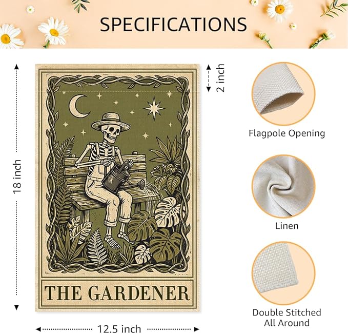The Gardener Garden Flags for Outside, Gothic Garden Flag for Plant Lover, Spooky Yard Banner for Gardener, Funny Skeleton Planting Lawn Yard Sign Decor, Halloween Gifts for Family Friends