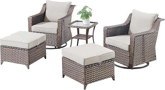 Outdoor Wicker Patio Furniture Set - 5 Piece Outside Rattan Conversation Bistro Dining Chair Sets with Rocking Swivel Chairs, Ottomans and Side Table for Porch Yard Balcony – Brown/Beige