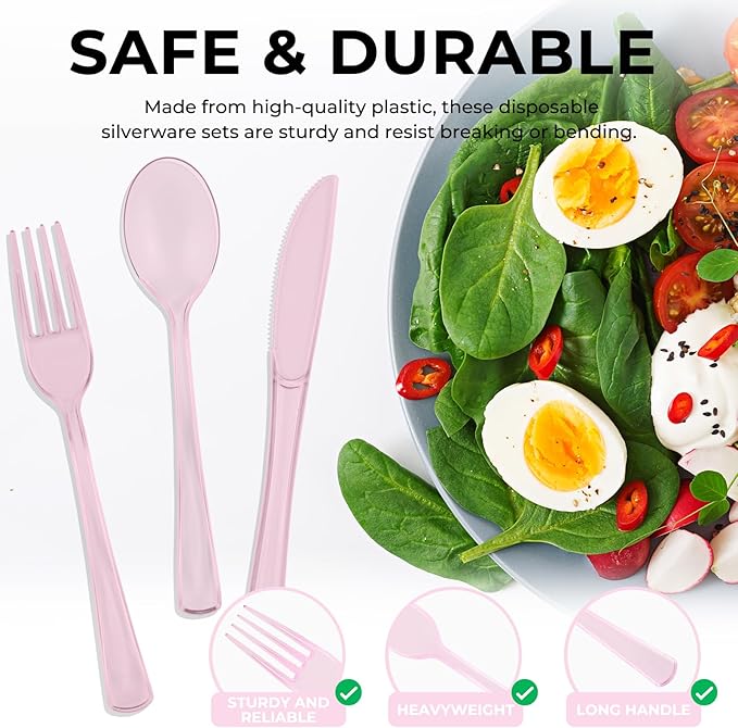 75 PCS Plastic Silverware Disposable Silverware Heavy Duty Utensil Sets 25 Of Each Forks Knives & Spoons Disposable Cutlery Set For Easter,Birthday,Baby Shower,Garden Party,Wedding(75,Pink)