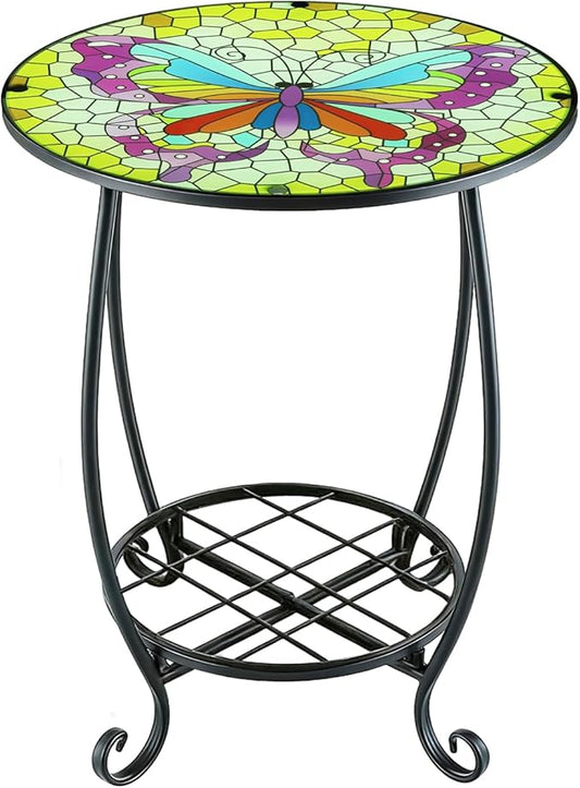Arbuxzuy 12 Inch Small Outdoor Side Table with Colorful Butterfly, Glass Mosaic Patio Table Indoor, Round Plant Coffee Table for Living Room, Balcony, Garden（Butterfly Style）