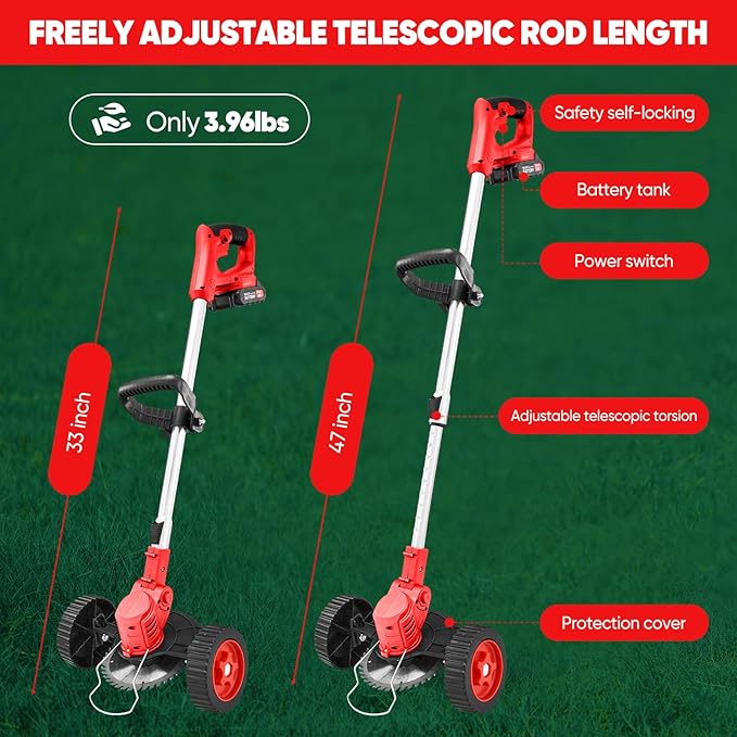SakerPlus Wireless Weed Cutter, 24V Cordless Electric Grass Trimmer Weed Eater Wacker with 2 Batteries, 3-in-1 Lightweight Brush Cutter/Lawn Mower/Edger with Wheels for Lawn, Garden & Yard(Red)