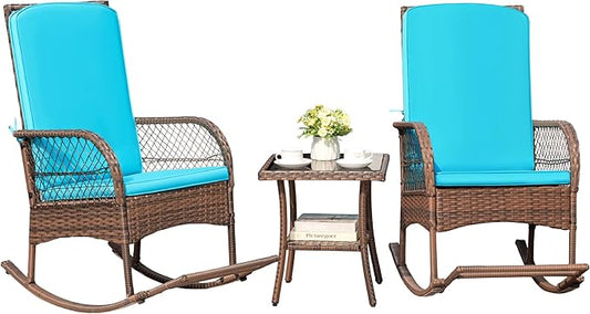 Greesum 3 Piece Outdoor Wicker Rocking Chairs Patio Furniture Set with Glass Coffee Table for Garden Backyard Porch Poolside, Blue