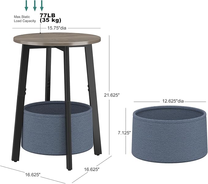 sthmec Small Round Side End Table Set of 2 with Cloth Storage Basket, Round Bedside Sofa Couch Coffee Tables for Small Places with Metal Frame, Modern Nighstands for Living Room Bedroom,Grey