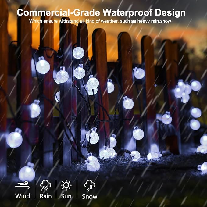 Joomer Solar Powered String Lights Waterproof, 39FT 60 LED Outdoor Solar String Lights Crystal Ball Light 8 Modes Globe Light for Garden, Gazebo, Porch, Lawn, Patio, Tree Decor (White)