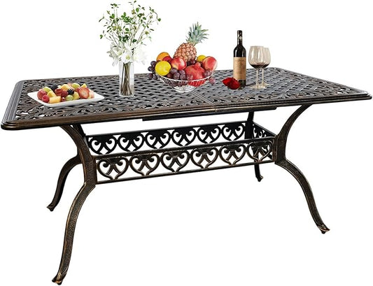 58.66" Bronze Aluminum Hollow Pattern Outdoor Dining Table, Fits 8, With Umbrella Hole