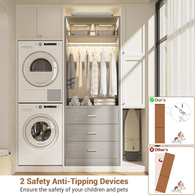 Besiost Freestanding Closet System with 3 Drawers,Wood Closet Organizer
