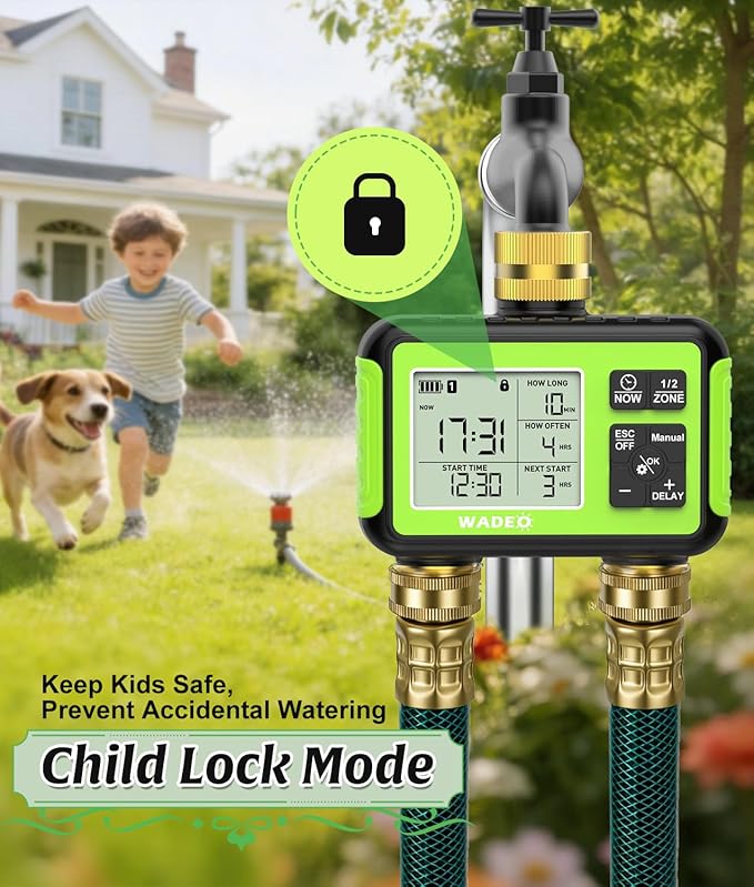 Sprinkler Timer with Brass Inlet Outlet for Garden Hose, Outdoor 2 Zone Water Hose Timer with Rain Delay/Auto/Manual/Child Lock, Rainpoint Drip Irrigation Controller for Lawn Yard Garden Watering