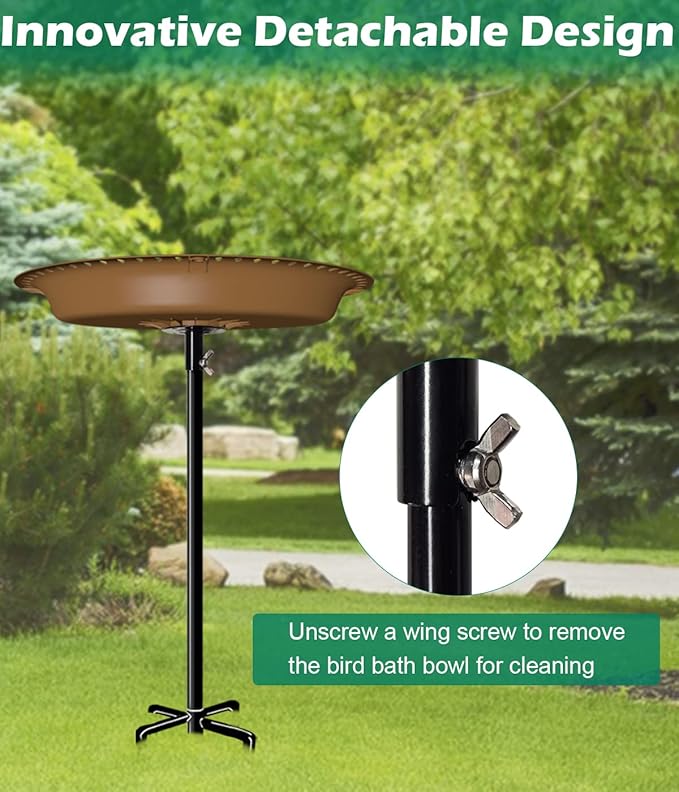 29 Inch Height Oval Shape Bird Bath for Outdoors, Detachable 5-Prong Birdbath Bowl Spa & Birdfeeder with Metal Stake Stand for Outside Garden, Brown