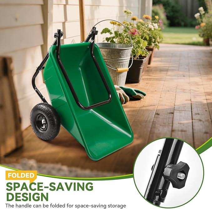 Foldable Handle 2 Wheel Garden Cart with 10" Pneumatic Tires-Heavy Duty Yard Wagon for Soil,Mulch,Plants,Easy Storage,High Stability&Quick Assembly(Green)
