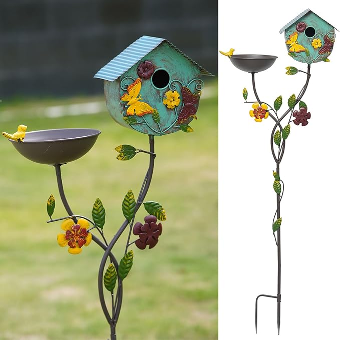 HLQMFHT 52" H Bird Baths for Outdoors,Metal Bird Bath Bowl,Birdhouses for Outdoors with Pole,Birdhouses for Outdoors,Garden Yard Decor