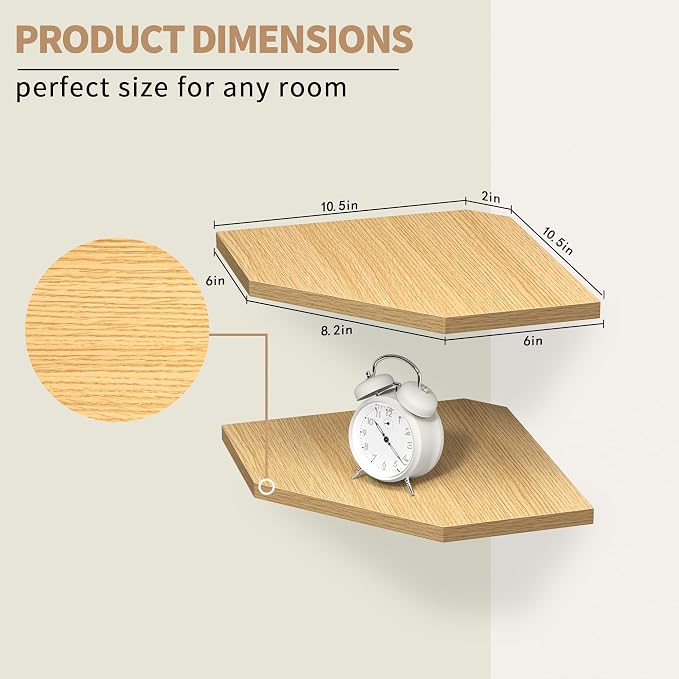 Corner Shelf Wall Mount, Floating Corner Shelves, Set of 2 Corner Wall Shelf Organizer, Rustic Wood Wall Storage Display Shelves for Living Room Bedroom Bathroom Kitchen, Rustic Brown, Oak