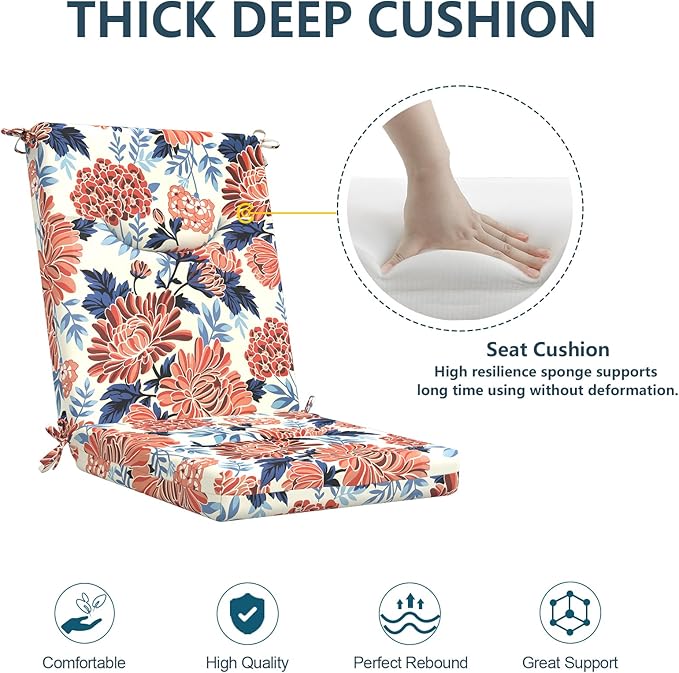 DYTXIII Outdoor High Back Chair Cushions Set of 2, 44x20 in Water Repellent Patio Seat Cushions with Elastic Sponge, All Weather Cushions for Rocking, Dining Chairs, Patio Furniture - Ruby Flower