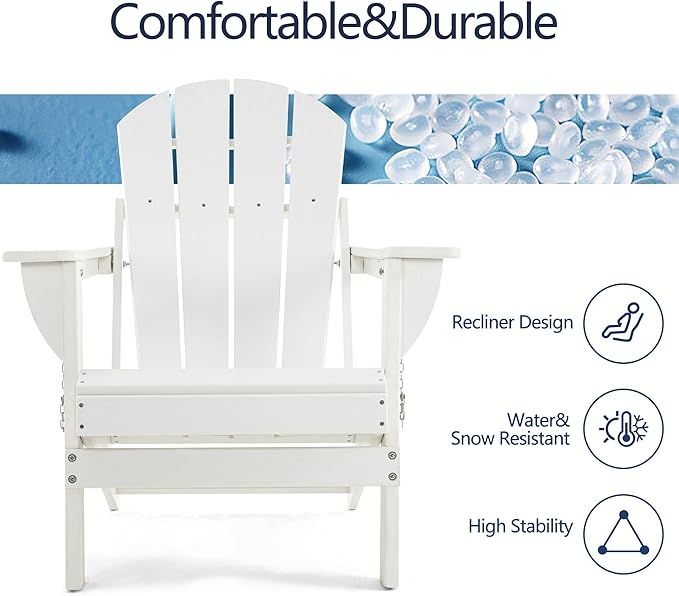 Folding Adirondack Chair, HDPE Outdoor Texture Lawn Chair with Reclining Back, Cup and Phone Holder - Comfortable Firepit Chair Weather Resistant for Patio or Backyard (White, Set of 4)