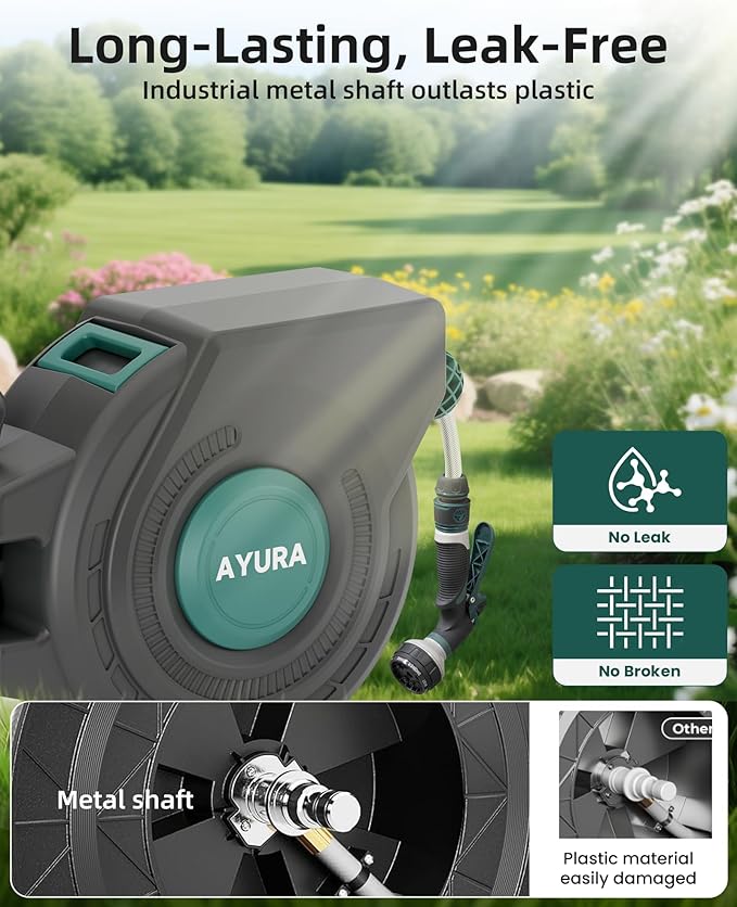 AYURA Retractable Garden Hose Reel 100 ft x 1/2 inch with Pro Metal Shaft, Heavy Duty Automatic Garden Hose Reels with Kink-Free Rewind and Lock at Any Length (Green, 50FT)