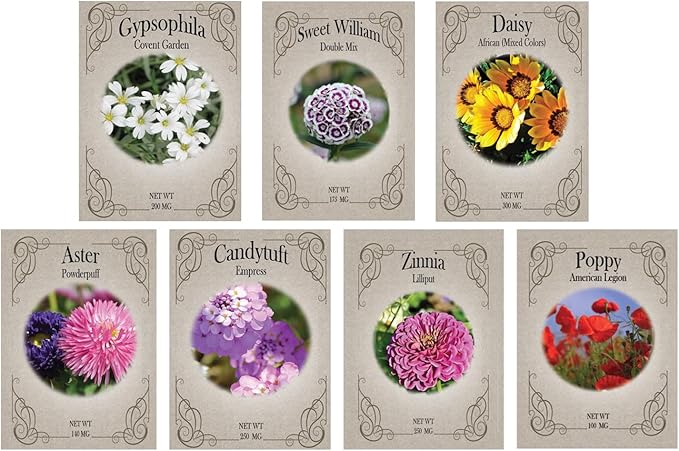 Set of 7 Classic Cottage Garden Seed Collection – Grow Timeless Heirloom Flowers for a Charming, Vintage Garden – Non-GMO, High Germination – Aster, Poppy, Zinnia, Sweet William & More