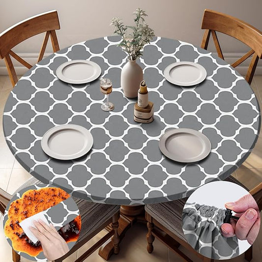 Fitted Round Tablecloth Waterproof Table Cloth Vinyl Indoor Outdoor Circle Cover for 45-54" Tables Dining Kitchen Apartment Home Party Gear Gifts Summer Fall Patio Picnic Camping Essentials