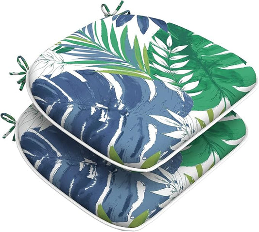 DYTXIII Set of 2 Outdoor Chair Cushions with Ties,Water Repellent Patio Chair Pads 17"x 16" for Outdoor Furniture,Round Corner Seat Cushions for Garden Yard Kitchen Islamorada Blue Green