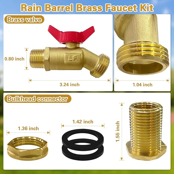 Rain Barrel Spigot Kit 3/4" GHT Brass Garden Hose Valve+Brass Garden Hose Bulkhead Fitting for Rain Barrels Aquariums Water Tanks Tubs Pools Spigot