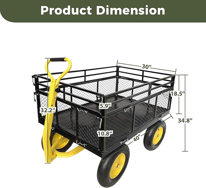 Heavy Duty 1400 lbs Capacity Steel Garden Cart with Removable Mesh Sides & 16" Tires, Convertible Flatbed Utility Wagon for Farm, Yard, Lawn, and Beach Use, Yellow