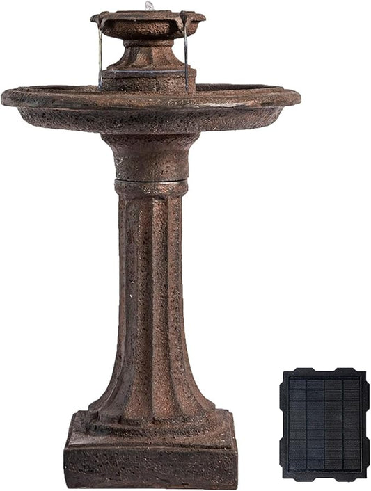 XBrand 28" Solar Powered Outdoor Bird Bath Water Fountain, Resin Fountain with Solar Panel, Brown