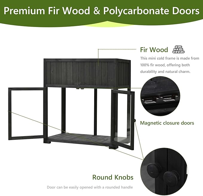 Polibi Patio Mini Wood Cold Frame, Compact 2 Doors Garden Greenhouse with Wheels, Raised Bed with Liner for Indoor Outdoor Use,35.4''x17.7''x37.4'',Black