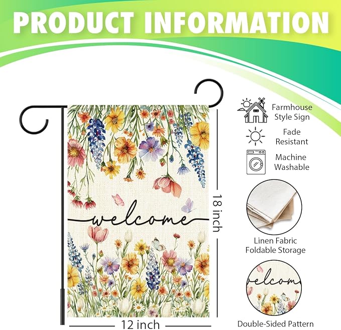 Welcome Flags for Outside,Floral Garden Flag for Yard Patio Lawn Decoration,12x18 Inch Double Sided