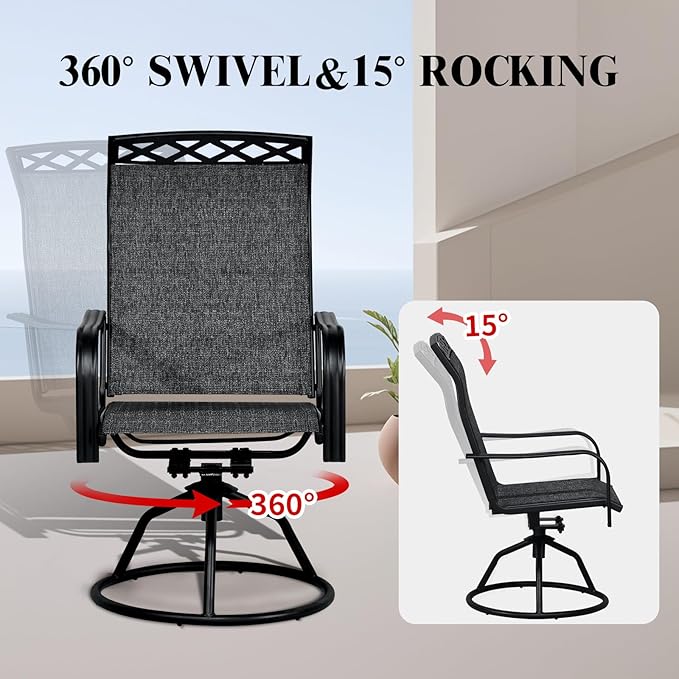 SHGJ&SOFT Patio Swivel Chairs, Waterproof Outdoor Dining Chairs with All-Weather Textilene Mesh for Deck, Garden, and Backyard (Patterned backrest-Grey, Set of 2)