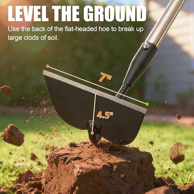 Heavy Duty Draw Hoe, 66 Inch Garden Hoe for Weeding and Tilling - Stand Up Gardening Tool for Plowing, Cultivating, Loosening Soil, Scraping Weeds - Long Handle Reduce Back Strain