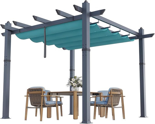 GarveeLife 10x10 ft Outdoor Pergola Metal Pergola with Adjustable Canopy Reinforced Frame Outdoor Shelter for Backyard Garden Deck - Blue