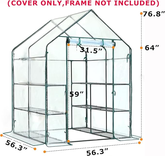 Purlyu Walk-in Greenhouse Replacement Cover with Roll-Up Zipper Door -56x56x76 inch PVC Greenhouse Cover for Outdoor Plant Gardening Plants Cold Frost Protection (Frame Not Include) (PLGH002PVCC)